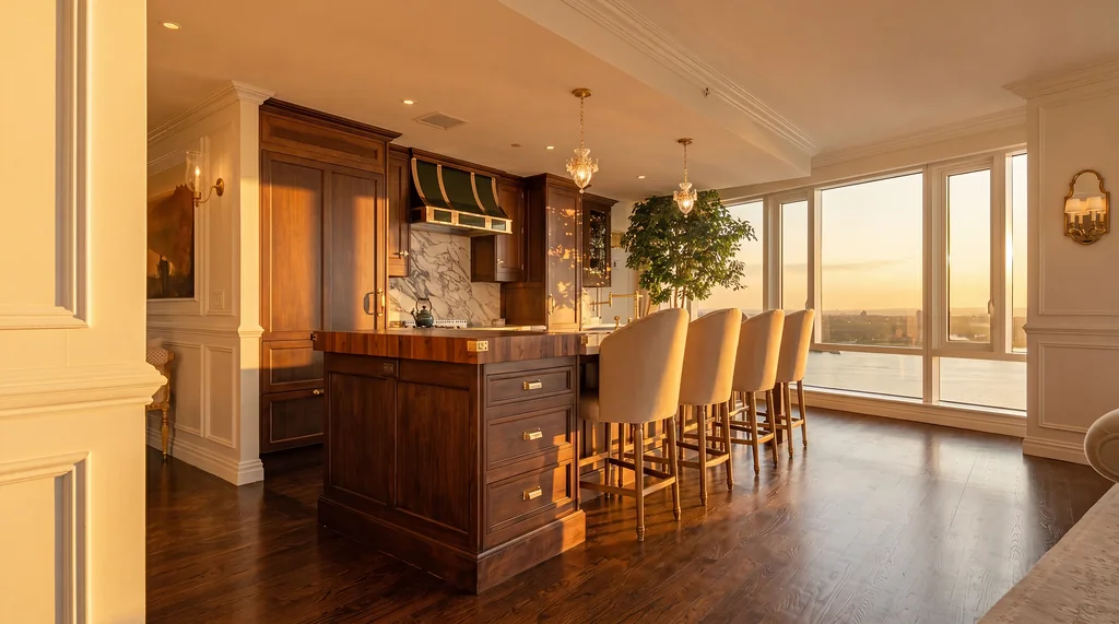 The Visionaire — wood kitchen cabinetry and a sunlit island