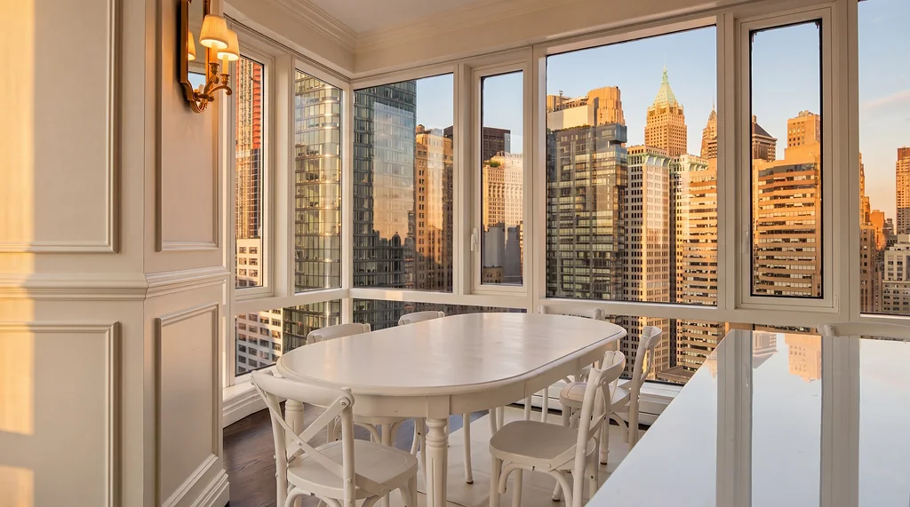 The Visionaire — dining table beside corner windows and city views