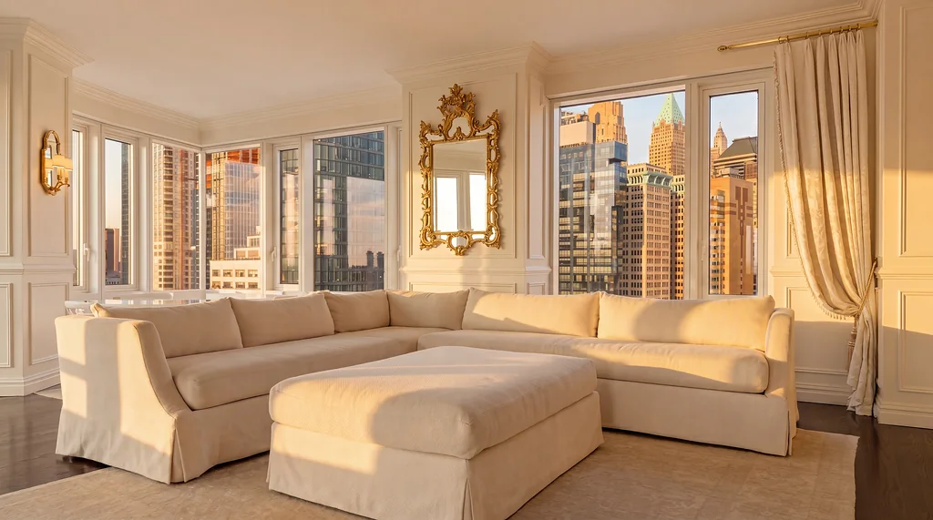 The Visionaire — living room sectional beside corner windows